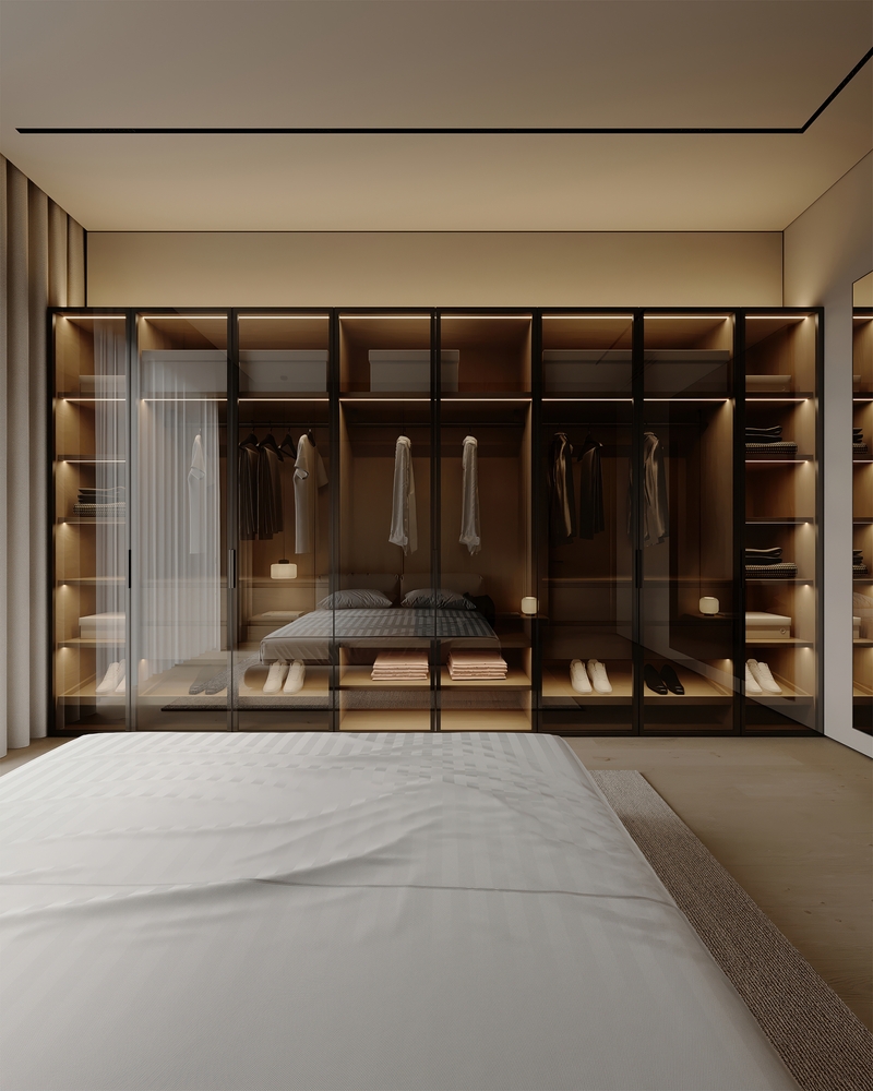 Modern,Bedroom,With,Wooden,Bed,,Glass,Wardrobe,,And,Warm,Lighting.